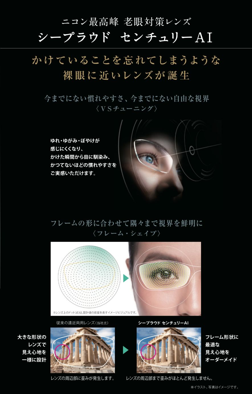 ニコン最高峰 老眼対策レンズ シープラウド センチュリーAI かけていることを忘れてしまうような裸眼に近いレンズが誕生 今までにない慣れやすさ、今までにない自由な視界 <VSチューニング>
ゆれ・かすみ・ぼやけが感じにくくなり、かけた瞬間から目に馴染み、かつてないほどの慣れやすさをご実感いただけます。
フレームの形に合わせて隅々まで視界を鮮明に<フレーム・シェイプ>
※レンズ上のドット(点)は、設計値の密度を表すイメージビジュアルです。
従来の遠近両用レンズ(当社比)大きな形状のレンズで見え心地を一様に設計 レンズの周辺部に歪みが発生します。
シープラウド センチュリーAI レンズの周辺部まで歪みがほとんど発生しません。 ※イラスト、写真はイメージです。