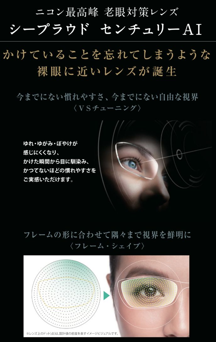 ニコン最高峰 老眼対策レンズ シープラウド センチュリーAI かけていることを忘れてしまうような裸眼に近いレンズが誕生 今までにない慣れやすさ、今までにない自由な視界 <VSチューニング>
ゆれ・かすみ・ぼやけが感じにくくなり、かけた瞬間から目に馴染み、かつてないほどの慣れやすさをご実感いただけます。
フレームの形に合わせて隅々まで視界を鮮明に<フレーム・シェイプ>
※レンズ上のドット(点)は、設計値の密度を表すイメージビジュアルです。
